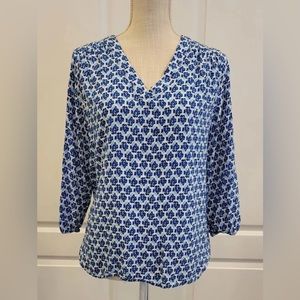 Cynthia Rowley Anthropologie Blouse Size Small Women's Blue Print 3/4 Sleeve Top